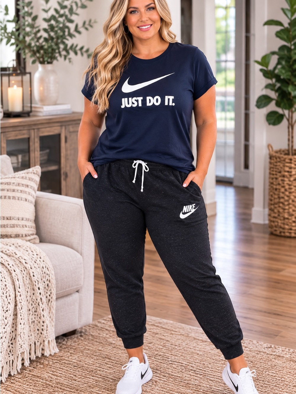 Nike women’s xl  Navy 'Just Do It.' Tee and charcoal Joggers bundle